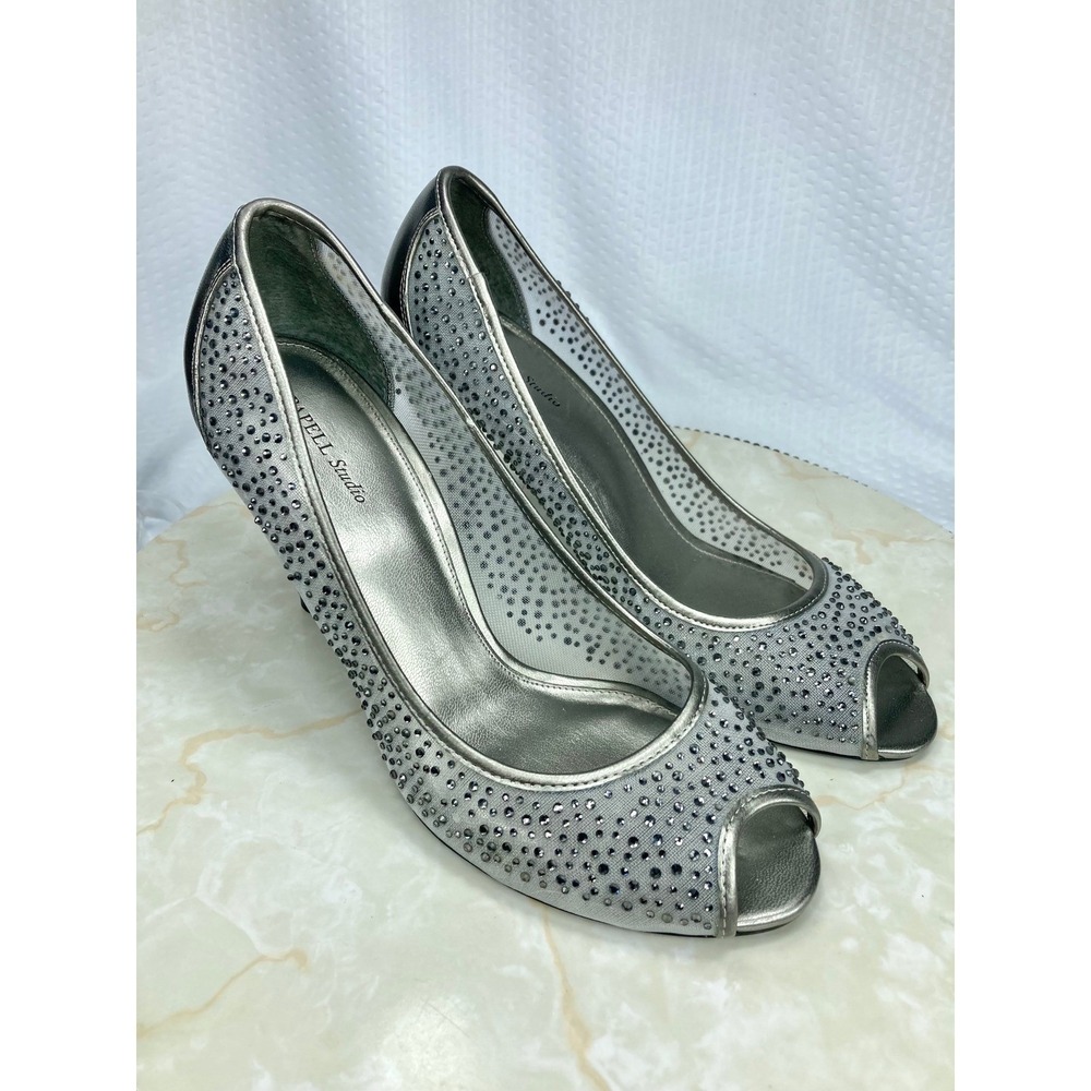 Papell Studio Rhinestone Mesh Peep Toe Pump Womens Sz 8.5 Evening Slip On Heels